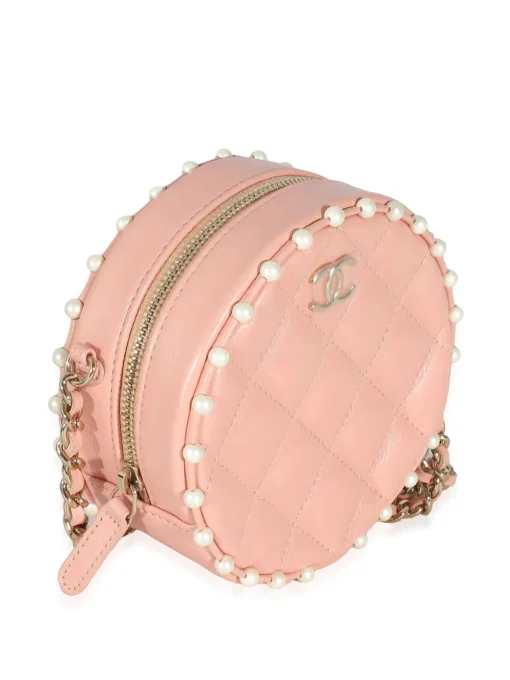 Pink Quilted Calfskin Pearl Round Clutch With Chain - Image 2