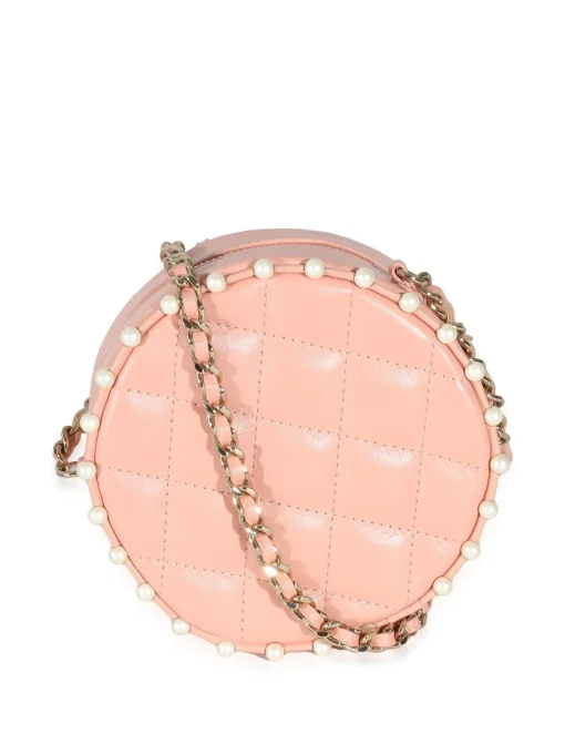 Pink Quilted Calfskin Pearl Round Clutch With Chain - Image 3