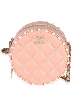 Pink Quilted Calfskin Pearl Round Clutch With Chain