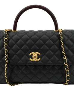 CHANEL  Small Coco Quilted Caviar Lizard Handle Black Bag