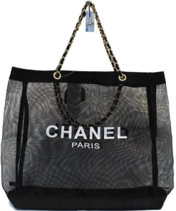 CHANEL Tote Bag - Mesh Black Travel Handbag Gold Chain