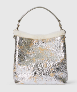 Gucci GG Emblem small bucket silver textured leather bag