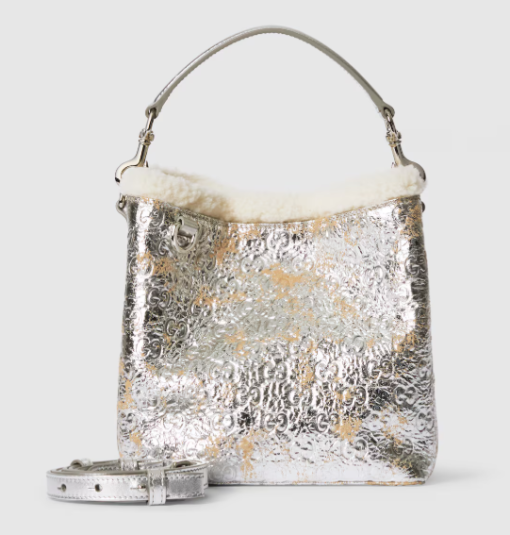 Gucci GG Emblem small bucket silver textured leather bag - Image 3