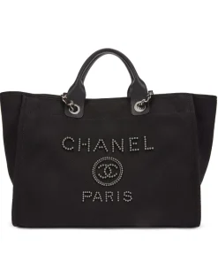 Chanel Large Deauville Black Canvas Imitation Pearl