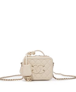 Chanel Filigree Vanity Case Gold-tone Small White