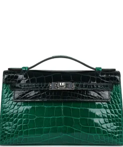 Hermès Kelly Pochette Emerald and Vert Rousseau Shiny Alligator Palladium