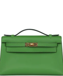 Hermès Kelly Pochette Vert Yucca Swift Gold Hardware