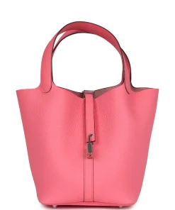 Hermès Picotin Lock 22 Rose Azalee Clemence Palladium Hardware